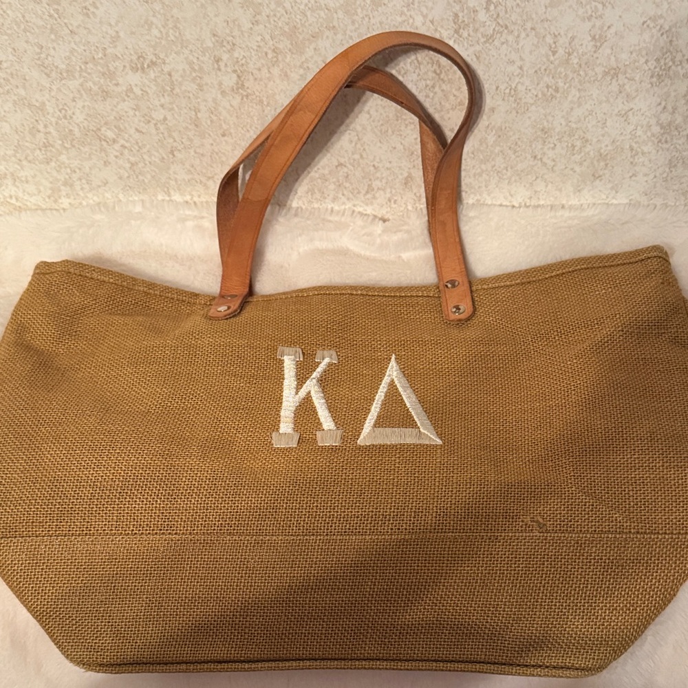 Marvel Burlap Jute tote with Kappa Delta logo with Leather Straps